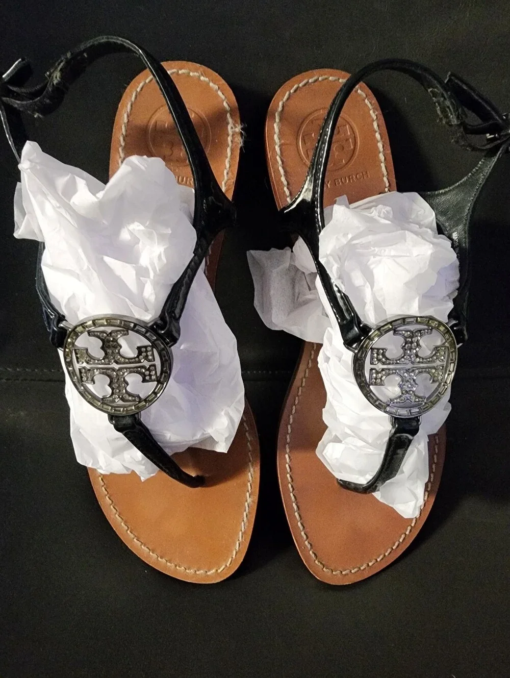 TORY BURCH BLING SANDALS SIZE 8.5 BLACK WITH SILVER BLING TORY BURCH EMBLEM